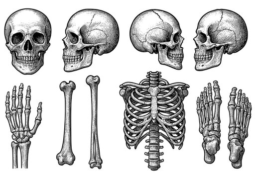 Detailed vintage collection of human skeleton and skull anatomy diagrams