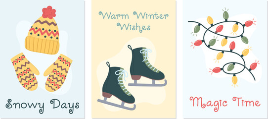 Naklejka premium Winter postcard set with cute festive illustrations. Cards with ice skates, warm hat, mittens and glowing string of lights. 