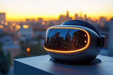 Obraz premium A sleek, futuristic VR headset reflects a vibrant city skyline at dusk, blending advanced technology with an urban landscape.