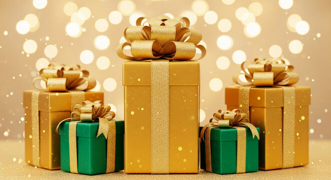 Group of gold and green gift boxes with glittery gold ribbon, set against bokeh lights. Festive presents, representing holiday season, celebration, and giving