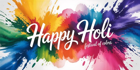 White 'Happy Holi' inscription stands vividly against watercolor splashes and vibrant hues of the celebration