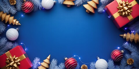 Christmas decorations frame with ornaments, presents, white branches, golden trees and blue background
