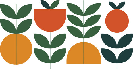 Geometric floral pattern with orange and green on a white background