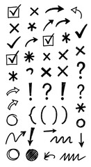 Hand drawn black doodles including checkmarks, crosses, arrows, question marks, exclamation points, and circles create dynamic design elements.