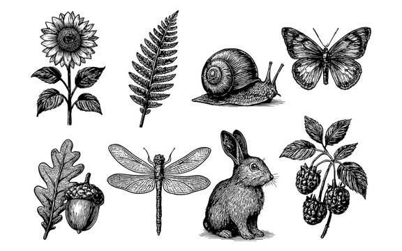 Vintage nature sketches: wildlife, flora, and insects collection