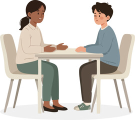 Obraz premium Girl and boy sitting at a table having a calm, supportive conversation in a flat illustration
