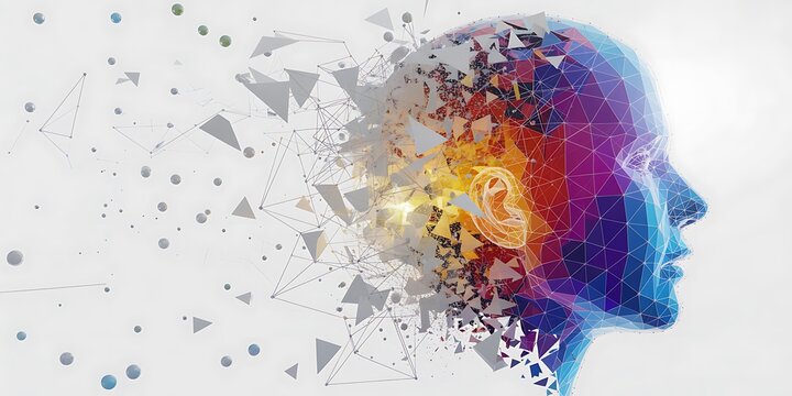 Geometric human face profile explodes into triangular shards on a bright background revealing transparency