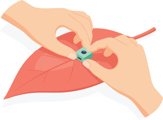Hands attaching a small sensor device onto a large leaf in a simple flat illustration