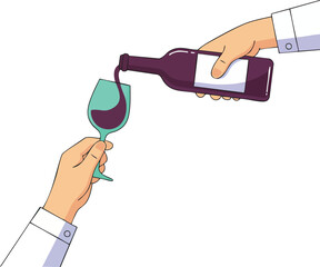 Hands pouring red wine from a bottle into a wine glass, simple clean illustration style