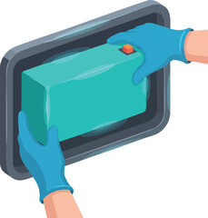 Hands in blue gloves inserting a rectangular teal block into a dark tray or container
