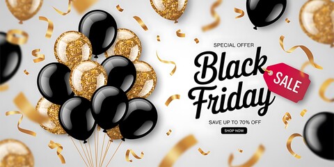 Gold glitter and black balloons are framing Black Friday sale event with confetti