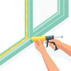 Hands applying yellow sealant along a window frame using a caulking gun for insulation
