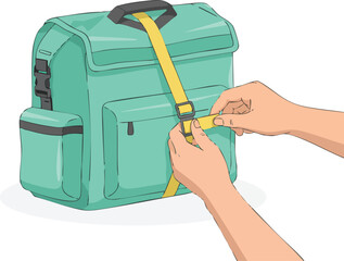 Hands tightening a yellow strap on a green backpack, adjusting the buckle securely
