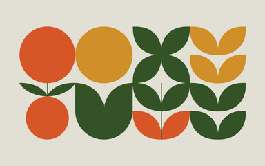Geometric arrangement of circles and leaves in orange and green