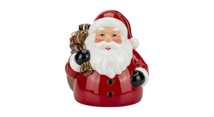 Fototapeta premium Ceramic santa claus figurine with gift bag isolated on transparent background
