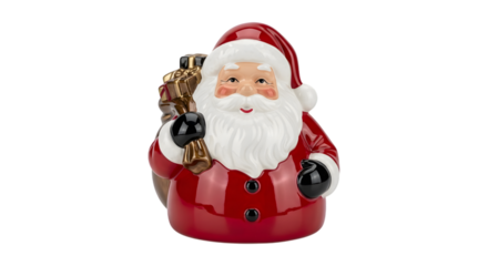 Ceramic santa claus figurine with gift bag isolated on transparent background