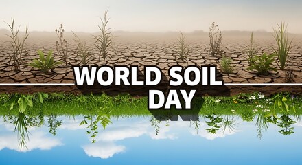 A split view of cracked dry land and lush green land with world soil day text overlayed on the image