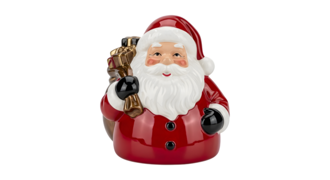 Ceramic santa claus figurine with gift bag isolated on transparent background
