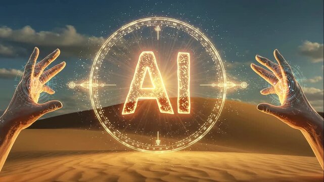 Pair hands raised over desert landscape where glowing orange holographic ai symbol floats in air, conveying concept magical power artificial intelligence, global control, and technological dominance