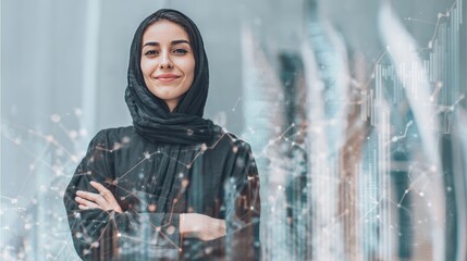 Arabian Business Woman: Confident arab woman with traditional attire and headscarf, symbolizing entrepreneurship and professional advancement. Capturing her poise in an urban cityscape.