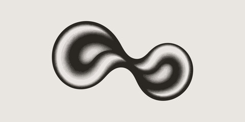An abstract black and white shape resembling a molecule or connected spheres on a neutral background