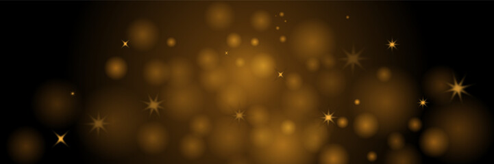 Sparkling golden bokeh background with shimmering lights and stars on a dark backdrop. Ideal for festive celebrations, luxury designs, elegant events, or holiday season themes.