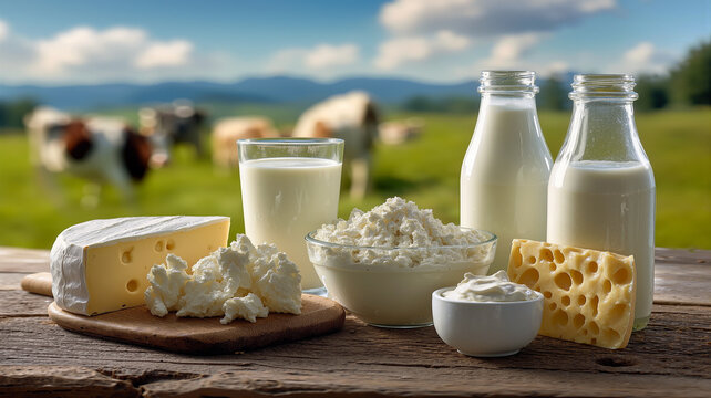 Assortment of fresh organic dairy products on a rustic wooden table with cows in background - Powered by Adobe