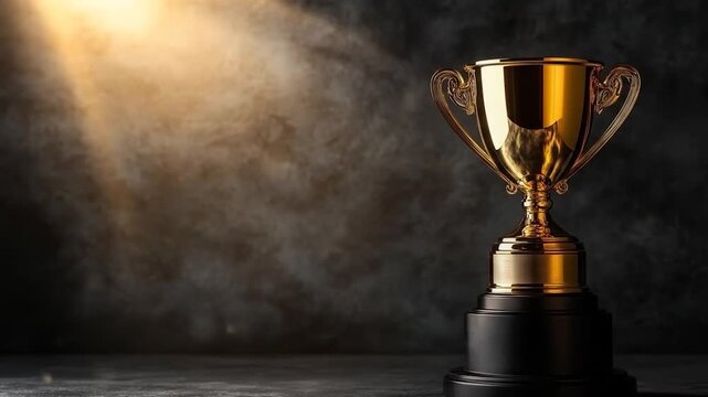 A golden trophy sits on a dark surface under dramatic lighting