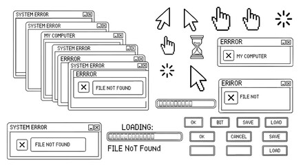 Y2K computer interface and UI pixel art vector set with retro windows and icons