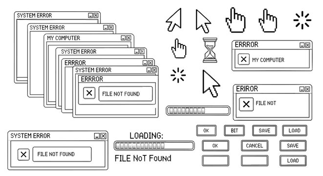 Y2K computer interface and UI pixel art vector set with retro windows and icons