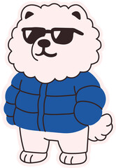 Chill Dog in a Blue Puffer Jacket and Sunglasses
