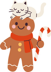 Cute Gingerbread Man with Cat and Candy Cane for Christmas