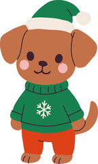 Festive Puppy in Christmas Sweater and Hat