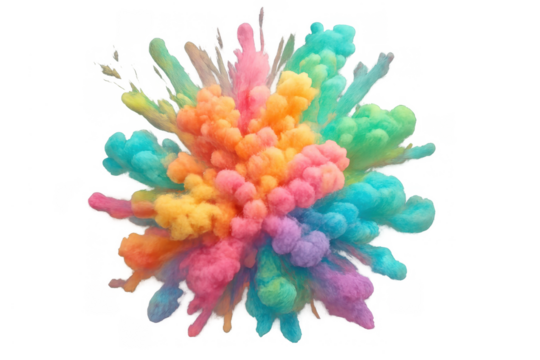 Colorful powder explosion creating vibrant abstract smoke clouds, celebrating festive events with dynamic vivid pigments on transparent background