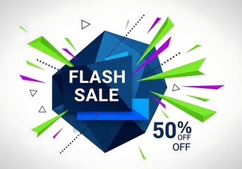 Flash sale announcement with 50 percent off and abstract geometric explosion design