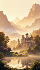 Majestic Castle by Lake in Mountain Landscape at Sunset