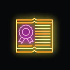 Glowing neon certificate with seal and ribbon representing graduation, achievement, and success