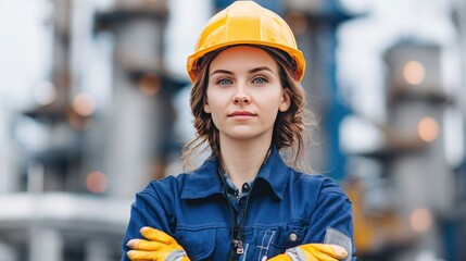 Confident Engineer at the Plant: A focused engineer, donned in a hardhat and protective workwear, stands confidently against the backdrop of an industrial plant.