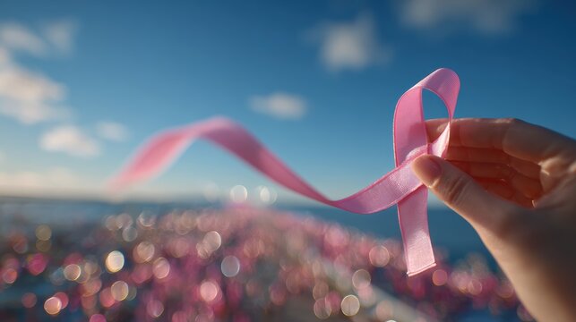 Young woman hand hold pink Ribbon and wear shirt for support people life and illness. National cancer survivors month, Mother and World cancer day concept,Pink October Breast Cancer Awareness month.