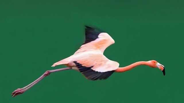 Flamingo flying gracefully against a vibrant green backdrop showcasing its elegant wings and striking color