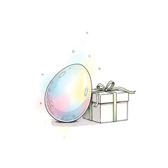 Colorful egg next to a wrapped gift on white background  