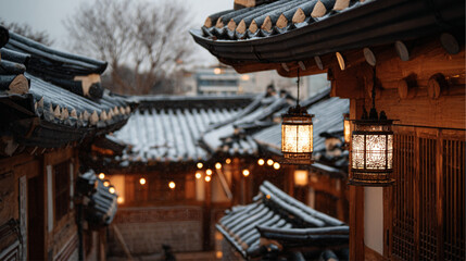 Fototapeta premium Warm christmas lights decorating a hanok courtyard, snow on tiled roofs, calm winter afternoon in Korea, cozy glow.