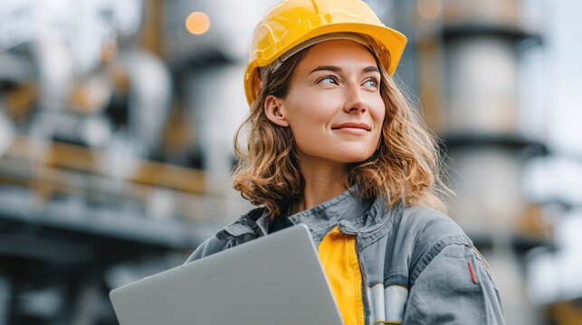 The Confident Architect: A determined architect surveys her project's progress, exuding expertise and poise against the backdrop of an industrial landscape. 