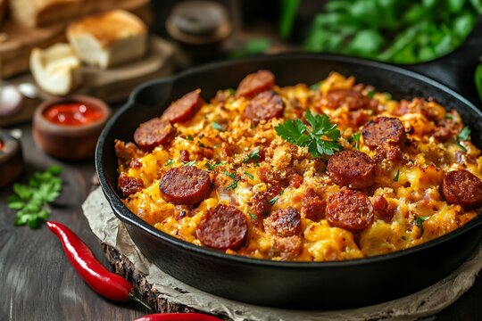 Rich migas dish featuring sliced chorizo, golden breadcrumbs, and fresh parsley, served in a rustic cast iron skillet - Powered by Adobe