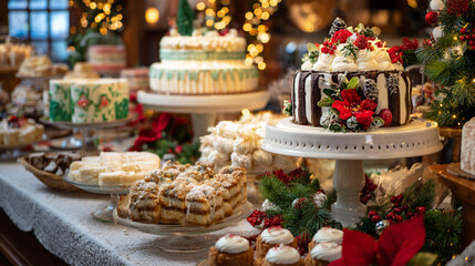 Christmas-Themed Bakery Display with Cookies, Cakes, and Festive Decorations