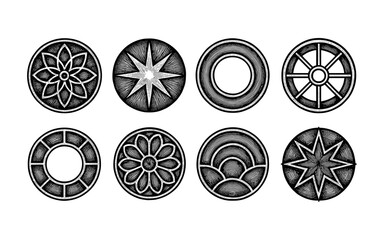 Intricate black and white circular geometric patterns in engraving style