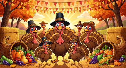 Cartoon turkeys in pilgrim hats stand among cornucopias overflowing with harvest fruits and vegetables, celebrating Thanksgiving and autumn abundance
