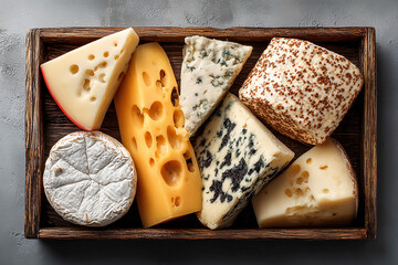 Breakfast board. Tray with gourmet cheese with rustic farmhouse selections. Cheese board. Top view.