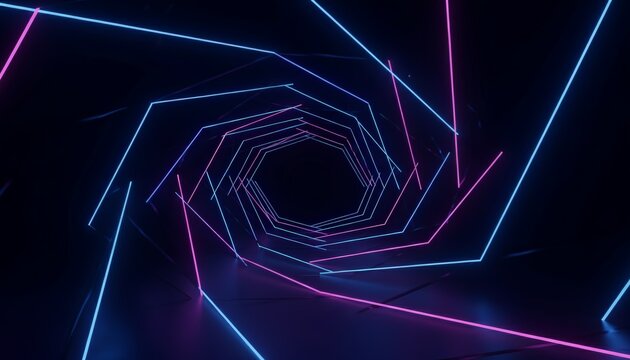 Abstract hexagon tunnel forming a glowing, vibrant visual with blue and pink neon lights, evoking a retro disco atmosphere and creating a dynamic, futuristic background for design projects