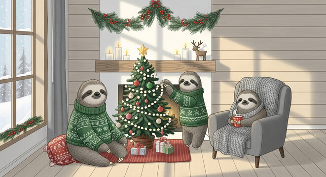 Illustration of three sloths in festive sweaters near a decorated Christmas tree, representing holiday joy and relaxation in a cozy home setting - Powered by Adobe